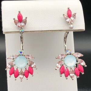 Flower Earrings Pink Milky Blue AB Crystal Studs Removable Dangling Jacket Backs